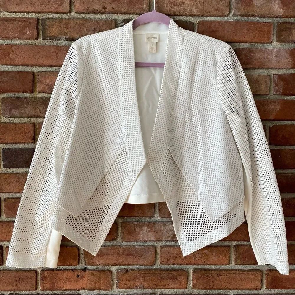 𝅺Chico's Layered See-Through Square Print Mesh Blazer White Size 1